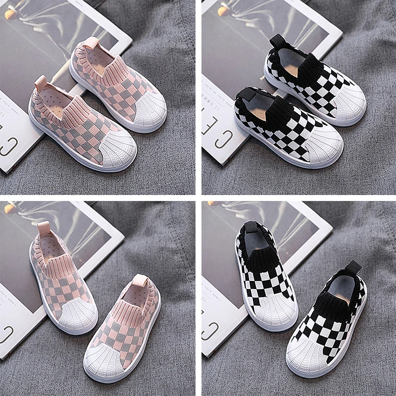 

Shell Head Checkerboard One Pedal Lazy Unisex Kids' Sneakers Breathable Mesh Girl Casual Shoes Outdoor Boys Sports Running Shoes