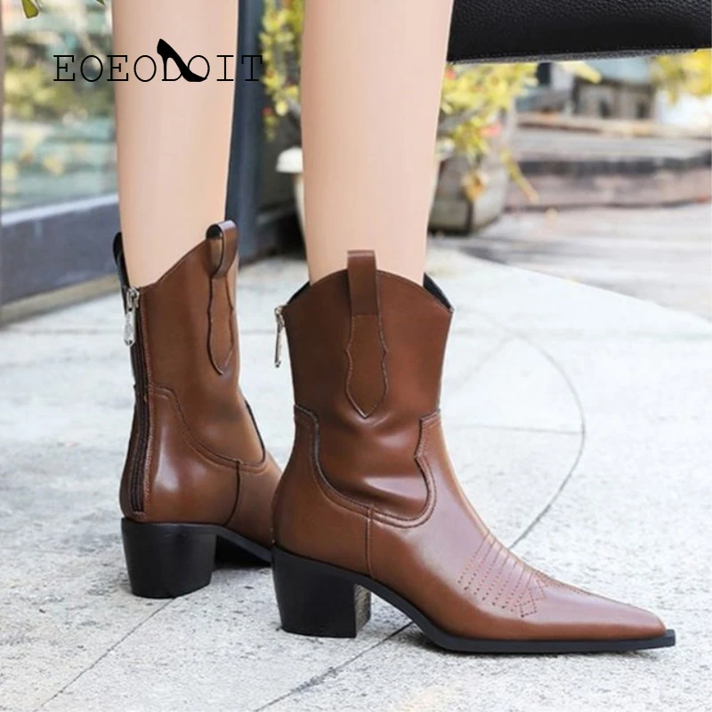 

EOEODOIT New Arrival Leather Calf Boots Women Fashion Med Chunky Heels Pointed Toe Zip Western Boot Autumn Winter