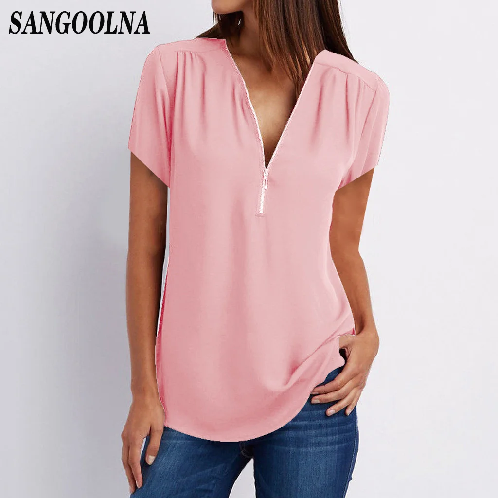

Women Solid Color 2020 Shirt Summer V-neck Casual Loose Blouse Short Sleeve Simple Zipper Fashion Blouse Robe
