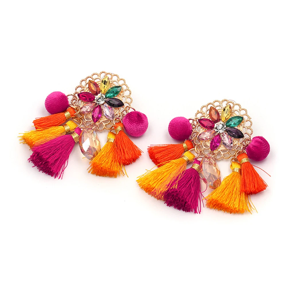Boho Women Rhinestone Tassel Pompom Dangle Stud Earrings Long Statement Jewelry | Украшения и аксессуары
