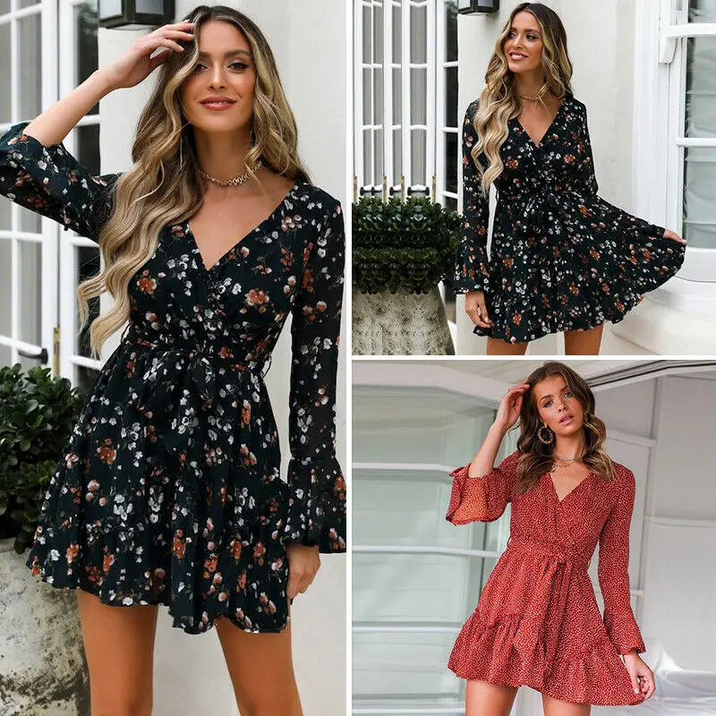 

Women Boho Ruffle Floral Long Sleeve V-Neck Lady Party Evening Cocktail Dress Bikini Cover Up Beachwear Plus Size
