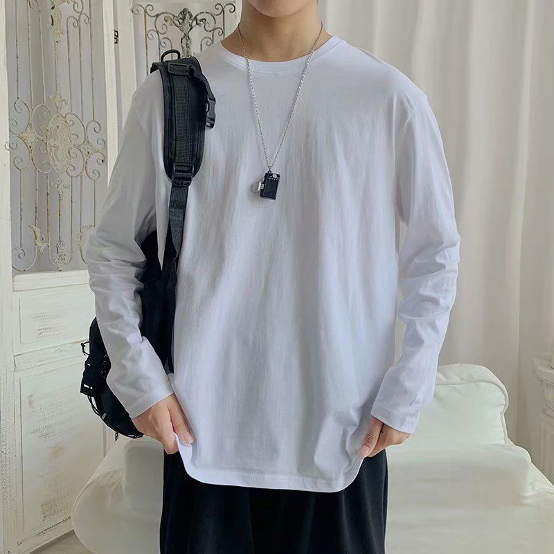 

Cotton Long Sleeve Men Tshirts Student Korean Style Teenagers Fashion Tops 3xl Oversize Harajuku White Black Streetwear Clothing