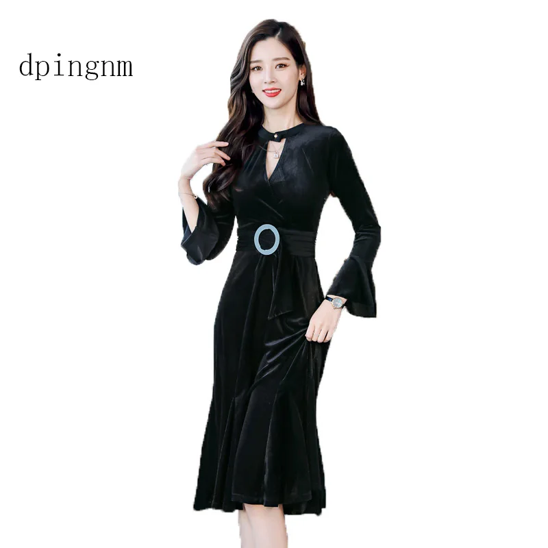 

high quality Elegant velvet Women Dress o-Neck Flare Sleeve Party Dresses Sexy Midi Elastic Waist Hollow Out Dress