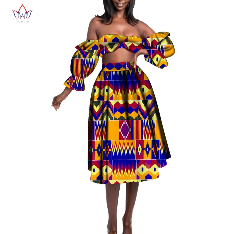 

Bintarealwax Africa Style Two Piece Set for Women Dashiki Sexy Top and Skirt African Clothes Bazin Customized Lady Sets WY8846