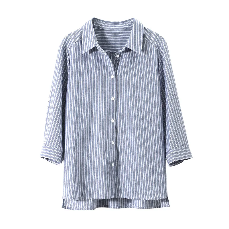 

Houthion Chiffon Loose Women's Blouses New Casual Blouse Fashion Three Quarter Sleeve Top Stripe Buttons Polo Shirt Summer
