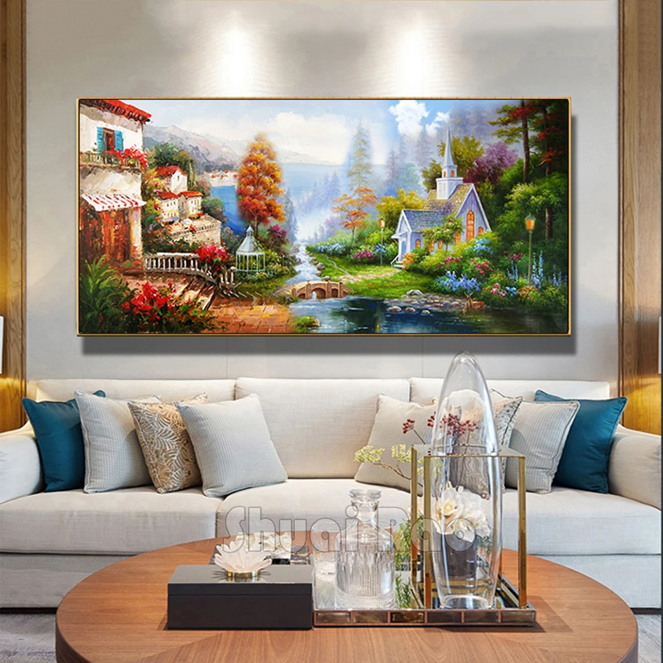 

Bridge Flowing Water Family scenery handmade puzzles diamond painting full square mosaic diamond embroidery rhinestones art,N803