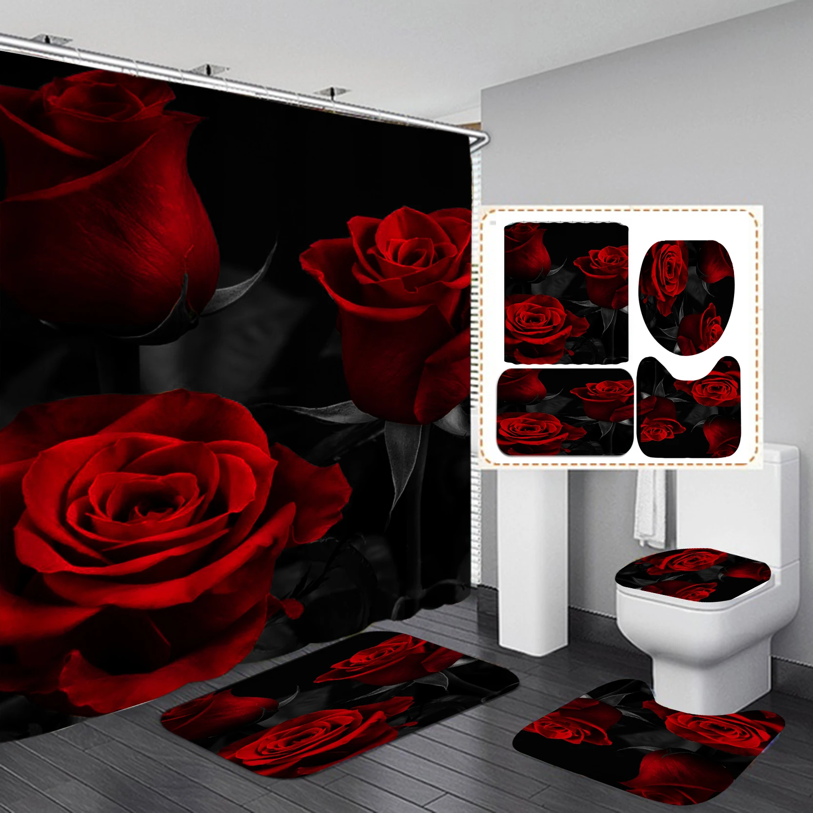 

Valentine's Day Shower Curtain 3d Rose Printing Waterproof Punch-Free Perforated Polyester Bathroom Shower Curtains