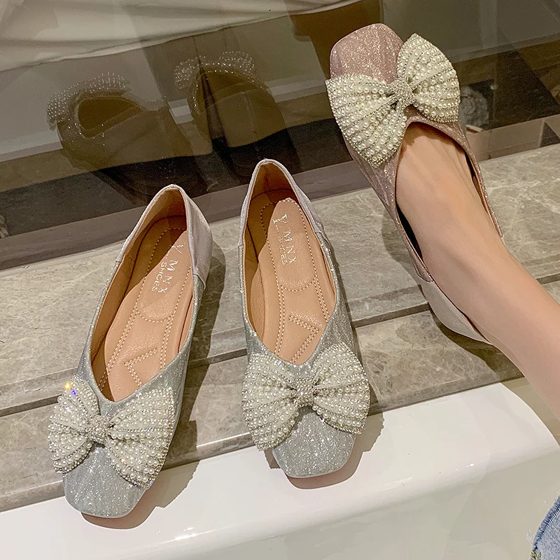 

Square Toe Bow-Knot Casual Woman Shoe Pearl Decorateion Female Footwear Crystal Soft Shallow Mouth Butterfly New Boat Beading Co