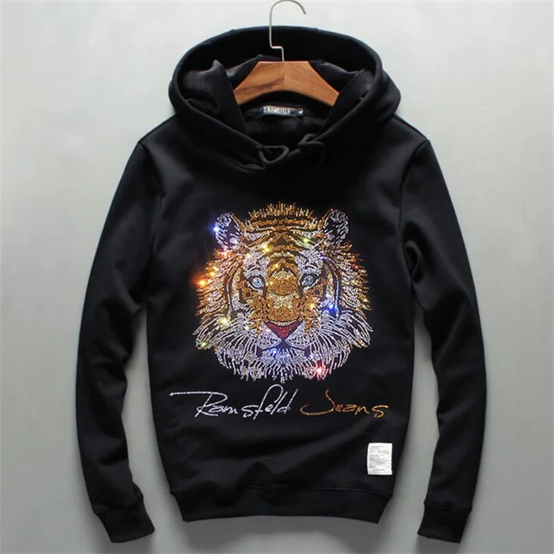 

Autumn And Winter New Men's Fashion High Quality Rhinestone Tiger Hoodie Casual Joker Comfortable Street Bodybuilding Sweatshirt