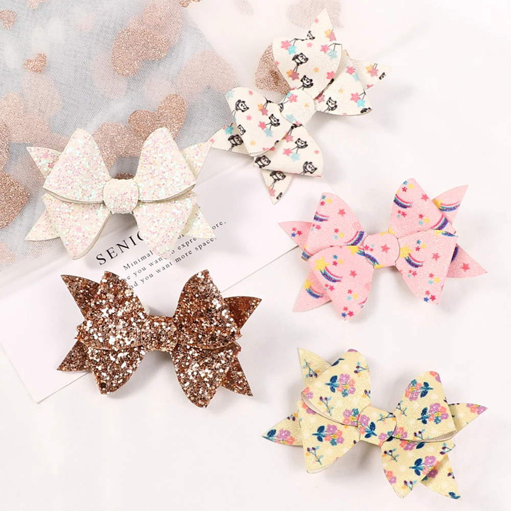 

1 PC Glitter Bowknot Hairclip Flora Print Sequined Faux-Leather Bow Barrettes Full Lined Kawai Hair Accessories For Baby Girls
