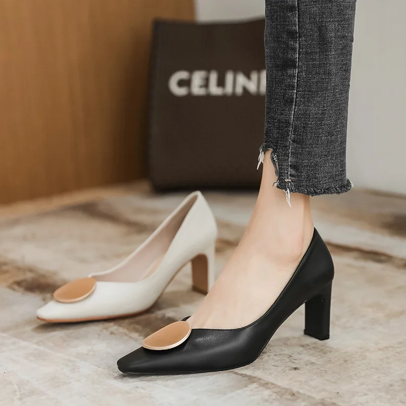 

Новинка 2021, черные туфли-лодочки на высоком каблуке, белые туфли на каблуке, женская модная Профессиональная женская обувь на среднем каблу...