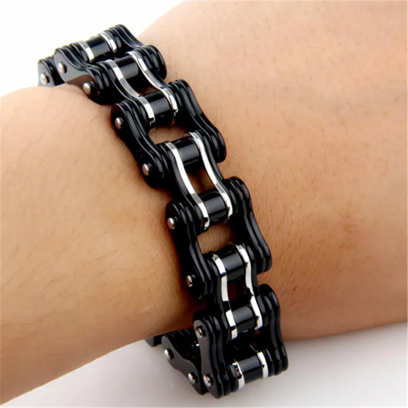 Мужской браслет из нержавеющей стали черный широкий на запястье в стиле панк
