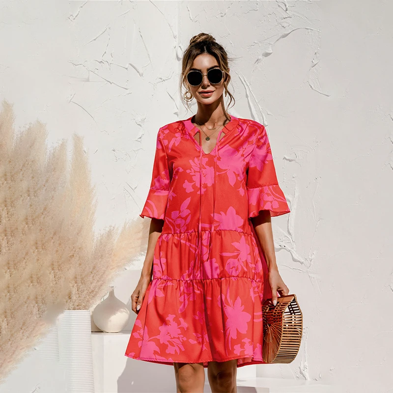 

Summer Floral Women Dress Stitching Mini Casual Short Sleeve V-neck Flared Sleeves Female Holiday Sexy Leopard Print Vestidos