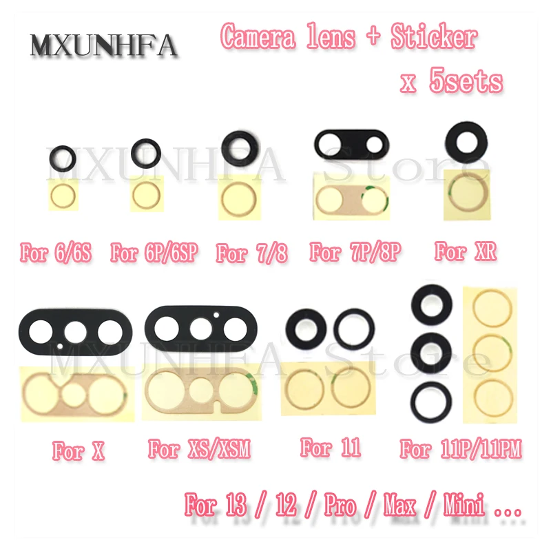 5sets Back Camera Lens For iPhone X XR XS 11 12 13 Pro Max Mini 6 6S 7 8 Plus Rear Glass Cover Ring with Sticker Replacement | Мобильные