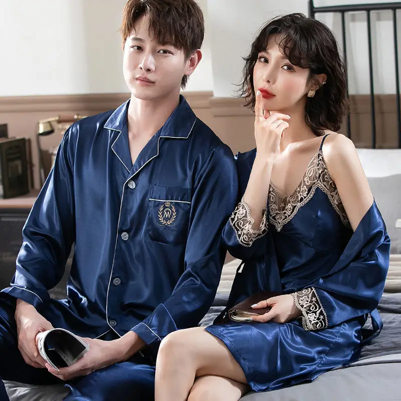 Couple Pajamas Spring and Summer Women Ice Silk Two-piece Long-sleeved Sexy Suspenders Chest Pad Robe Men's Suit Home Wear