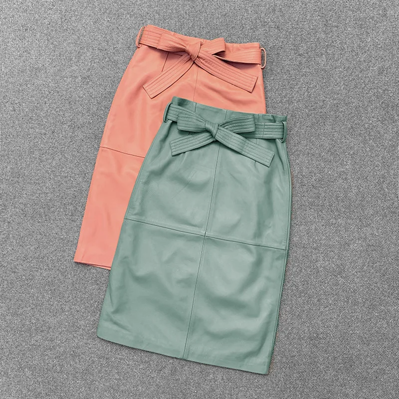 

High-rise Autumn Women's leather Skirts High quality genuine leather bow pencil skirt C553