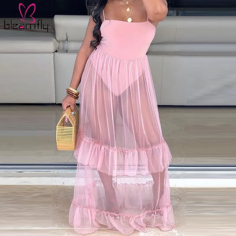 Женское прозрачное пляжное платье длинное Сетчатое на бретельках без рукавов с