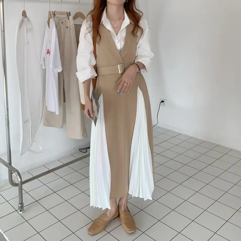 

OL Hot Chic All Match Patchwork Gentle Femme Elegance Fashion Streetwear Sweet Long Dresses Vestidos With Sashes