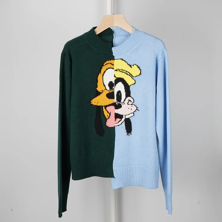 Женский шерстяной свитер свободный с круглым вырезом и мультяшной вышивкой