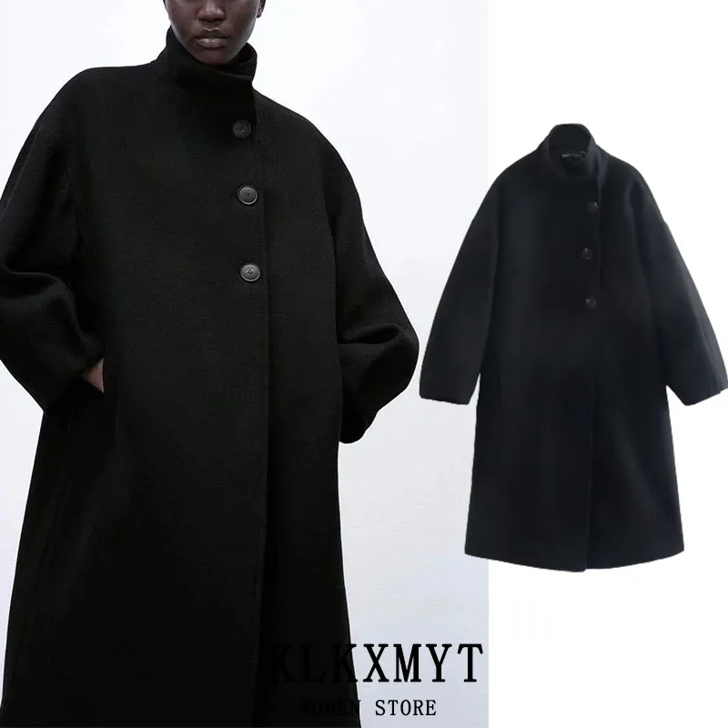 

KLKXMYT ZBZA Women Winter Jackets Woolen Coat Stand Collar Single Breasted Thicken Long Sleeve Ladies Overcoat Street Outwear