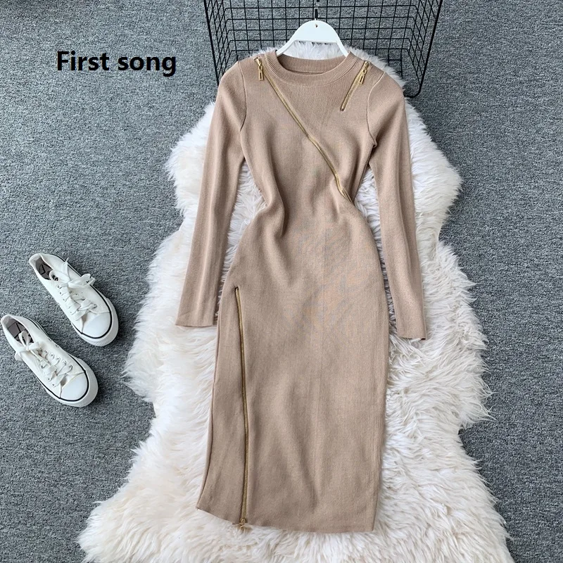 Первой песне Сезон осень зима Пикантные Свитер с молнией вязаное платье 2019New