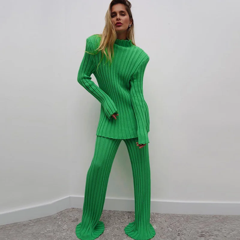 

Zoctuo Green Knitted Stripe Woman tracksuits 2 Pieces Long Sleeve Shoulder Pads With Bell Wide Leg Pants Set Streetwear