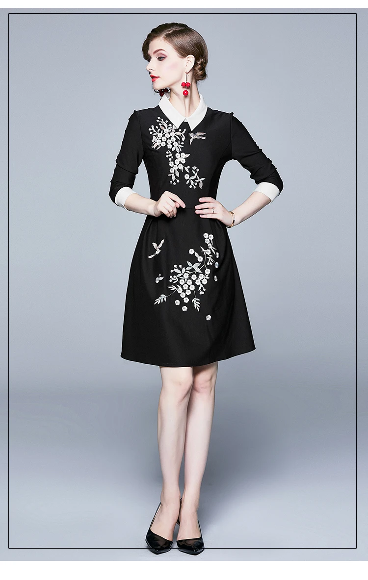 Осеннее черное платье с цветочной вышивкой Vestido Invierno Mujer женское платье миди Robe Moulante Femme ropa mujer K6564