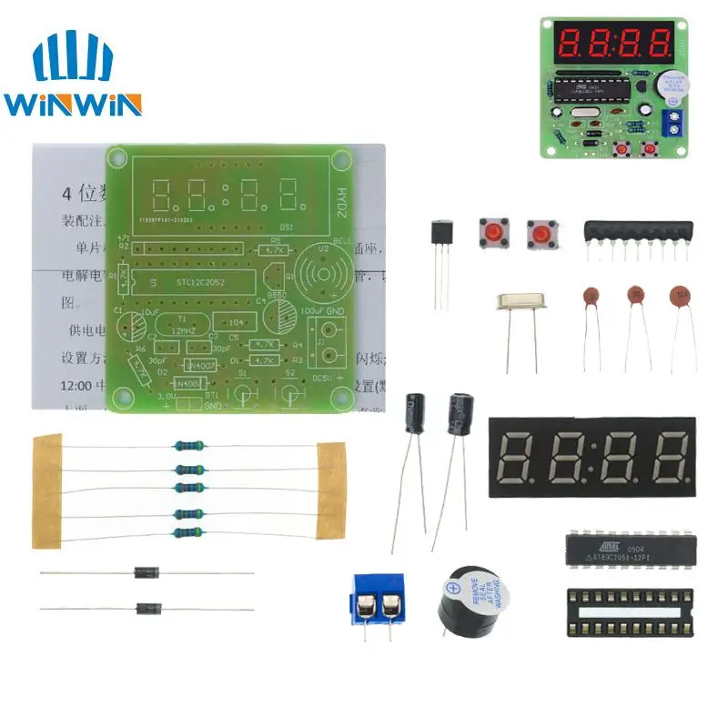 AT89C2051 Digital 4 Bits Electronic Clock Production Suite DIY Kit | Электронные компоненты и принадлежности