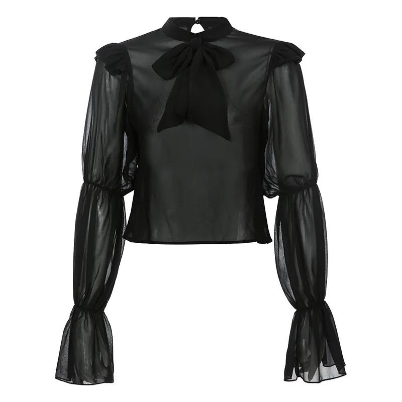 Модная рубашка с длинными рукавами-фонариками и бантом Осенняя шифоновая блузка