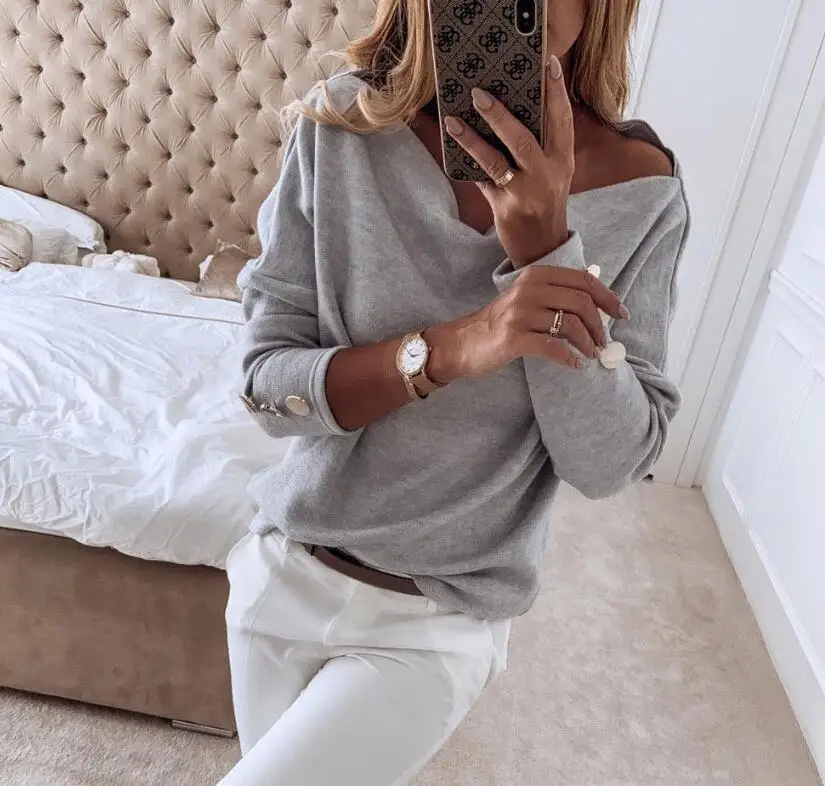 Женская блузка с открытыми плечами однотонная пикантная рубашка и длинным