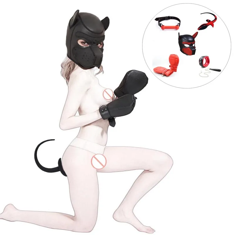 Puppy Play Dog Hood Mask перчатки лапки для собак БДСМ Связывание собаки хвост рот кляп