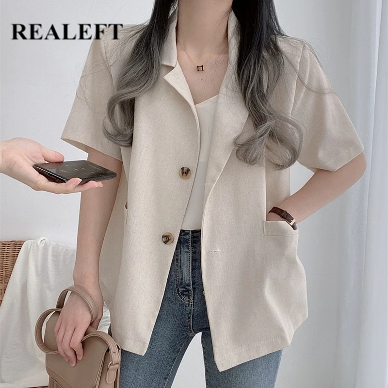 

REALEFT 2021 New Summer Cotton and Linen Women's Blazer Single Breasted Notched Collar Casual Office Workwear Outwear Pockets