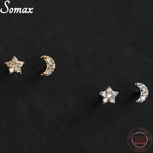 925 Sterling Silver Plated 14K Gold Star Moon Asymmetrical Earrings Super Mini Cute Simple Korean Style Earrings Party Jewelry
