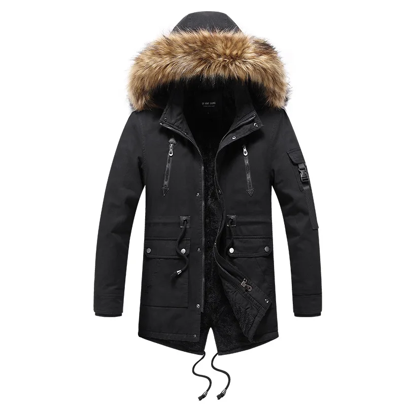2021 New Winter Parkas Jacket Men Mid-length Hooded Fur Collar Velvet Thick Windbreaker Outwear Wool Liner Warm OverCoat Men
