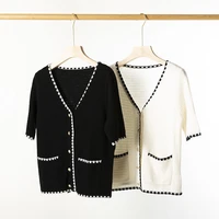 cardigan women 100 wool knitted elegant design v neck short sleeves pockets 2 colors high quality casual style new fashion