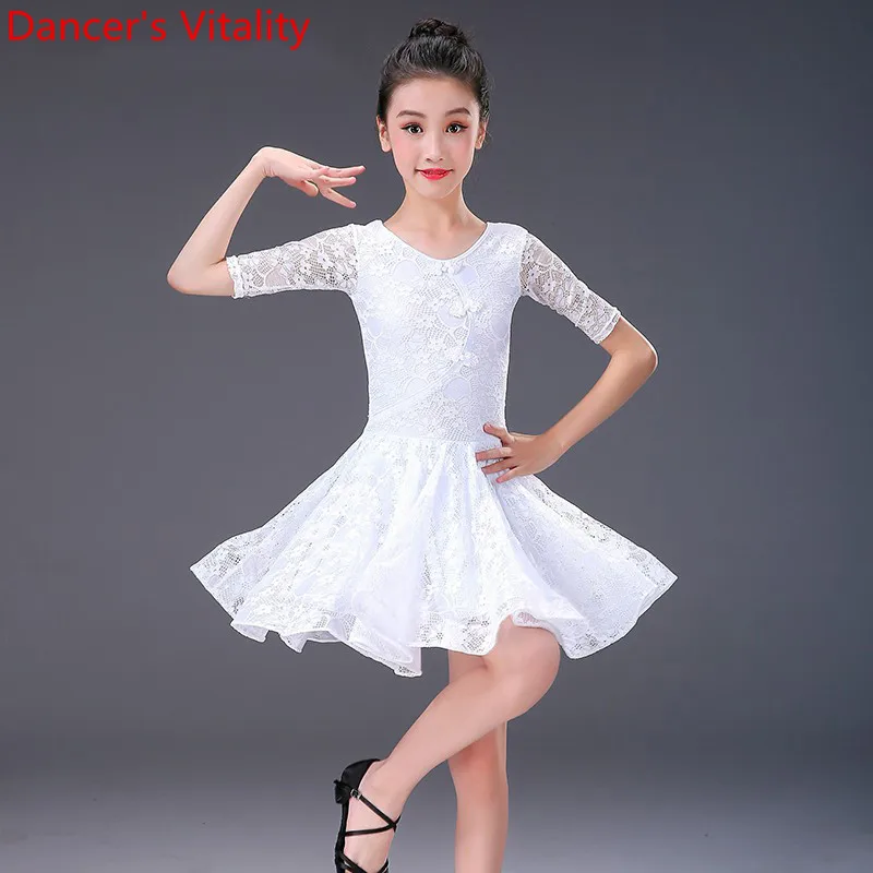 Детская одежда для латинских танцев девочек 3 цвета Приталенное кружевное платье