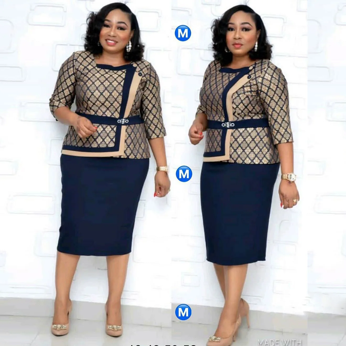 

Women African Clothes Pencil Dress Vintage Dashiki Print Three Quarter Sleeve Africain Femme Office Ladies Formal 2Pcs Plus Size