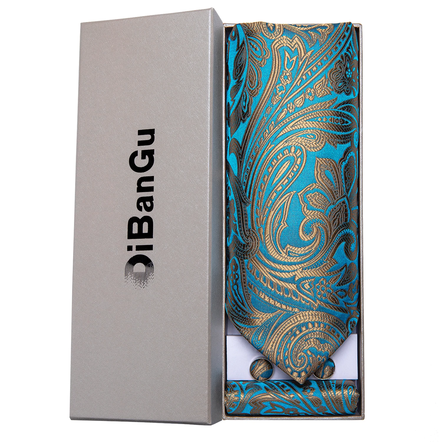 Men's Vintage 100% Silk Ascot Tie Handkerchief Cufflinks Set Teal Blue Formal Wedding Party Cravat Necktie Men's Gift DiBanGu