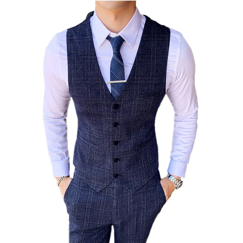 Мужской Клетчатый костюм из жилета и брюк синего цвета Деловой для свадьбы