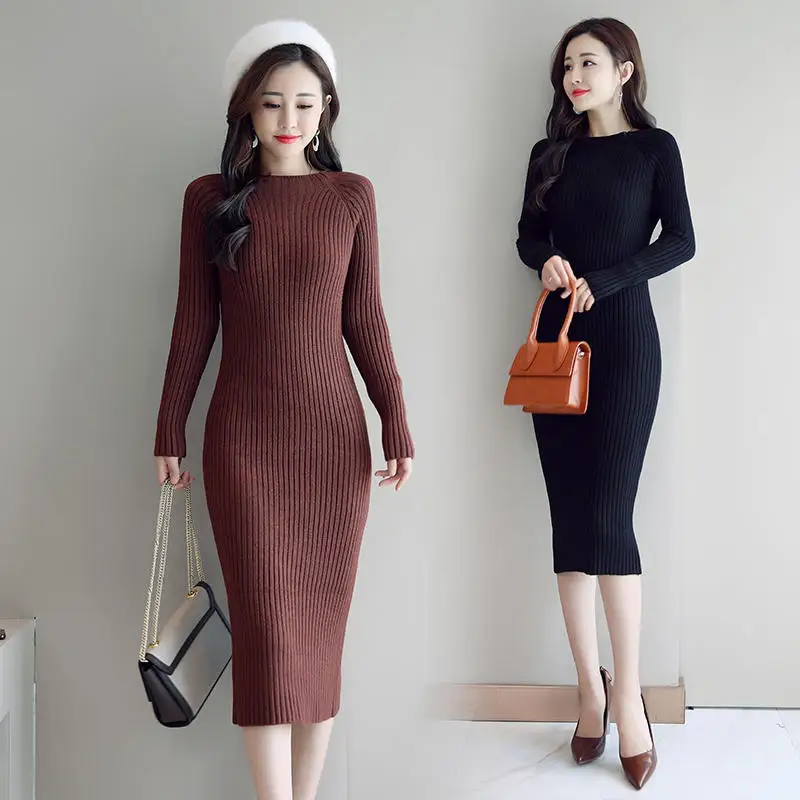 Пуловер свитер вязаные платья женское теплое плотное платье с длинным рукавом