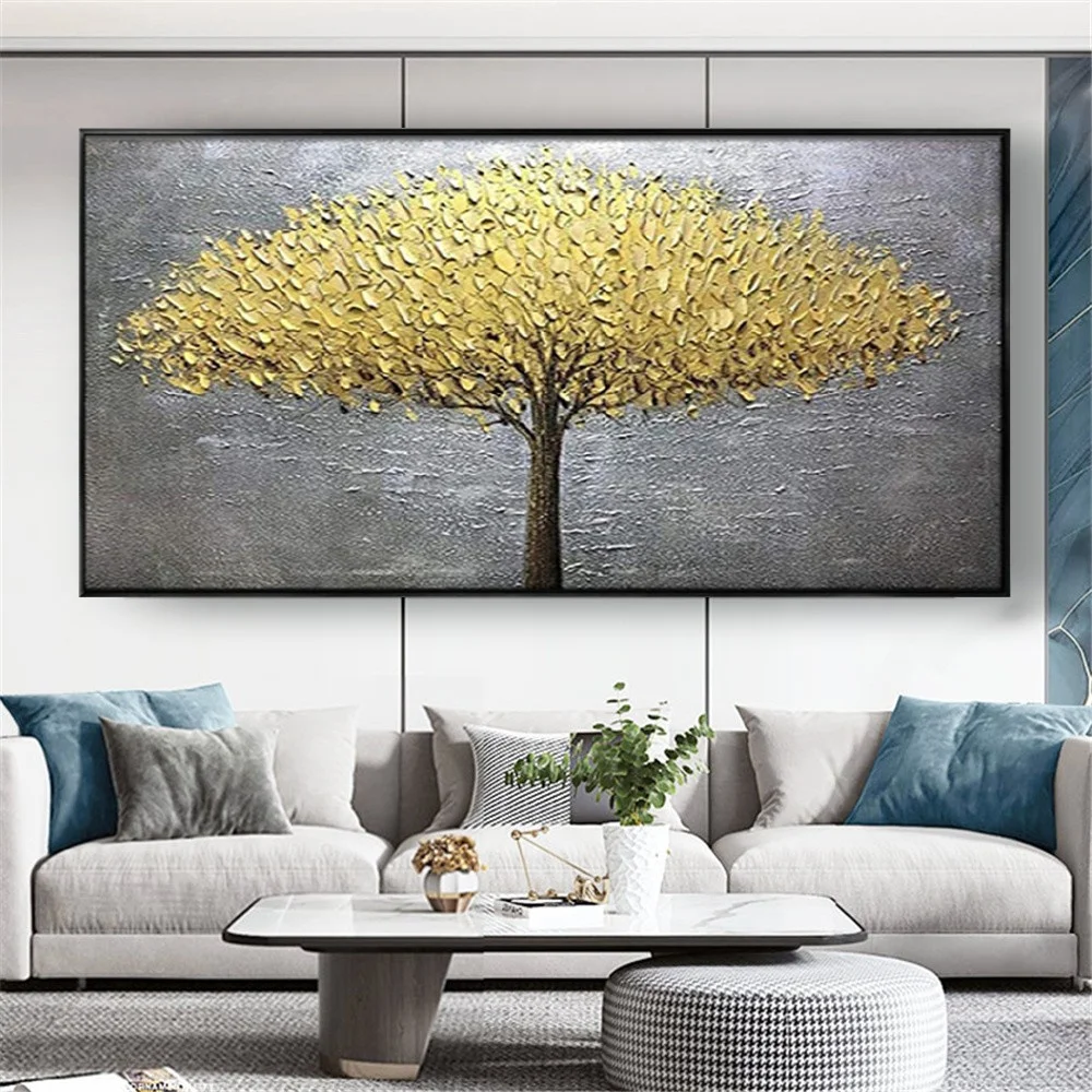 Nordic Fashion Home Decoration Painting Hand-painted Beautiful Oil Yellow 3D Textured Leaves A Big Tree Salon Mural art