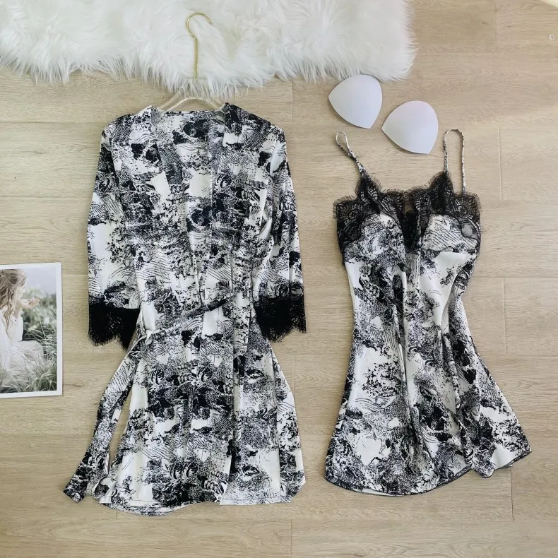 

Женский Атласный халат с цветочным принтом, розовый кружевной халат-кимоно для невесты и подружки невесты, пикантная ночная рубашка, повсед...