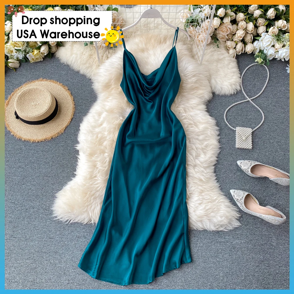 

Summer Sexy V Neck Backless Midi Dress Off Shoulder Satin Party Dresses Beach Vestidos Sundress Female Clothing Coisini 2021