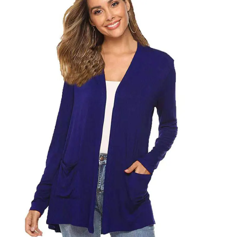 

Осенне-весенний женский модный Повседневный свободный однотонный вязаный кардиган с длинными рукавами и карманами с открытым стежком паль...