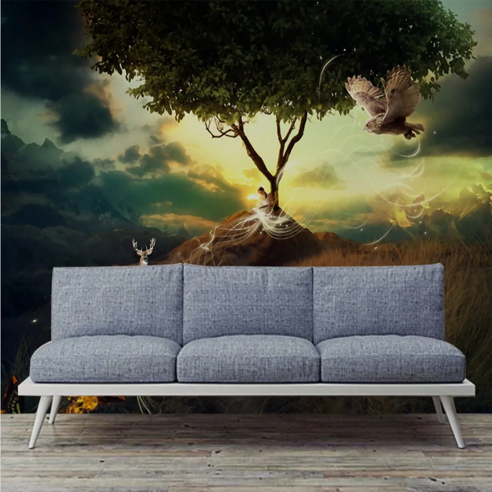 

Drop Shipping Custom Wallpaper Forest Elk Tree Beauty Under Oil Painting Wall Background Mural Wallpaper Home Decorating Scenery