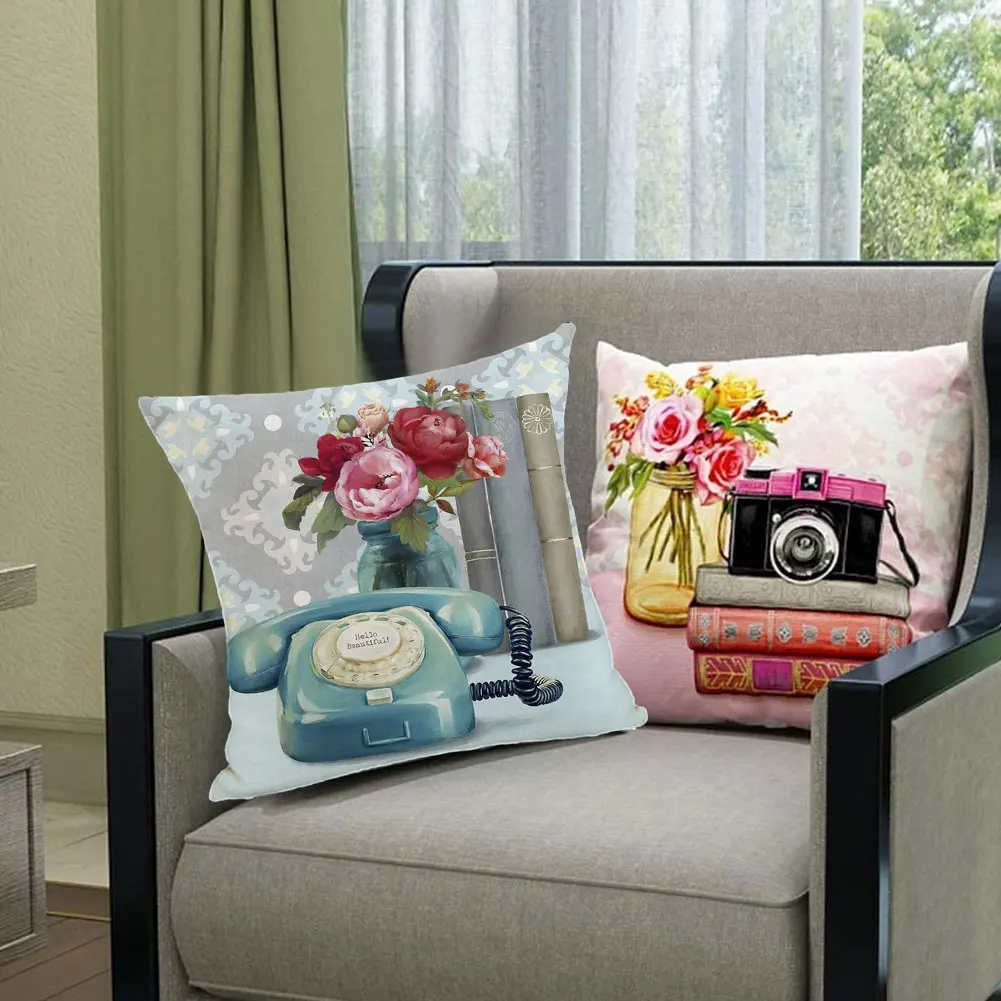 

4PCS Linen Pillowcase Cushion Cover Set Vintage Flower Print Sofa Cushion Home Decorative For Bedroom Sofa Chair 45x45CM