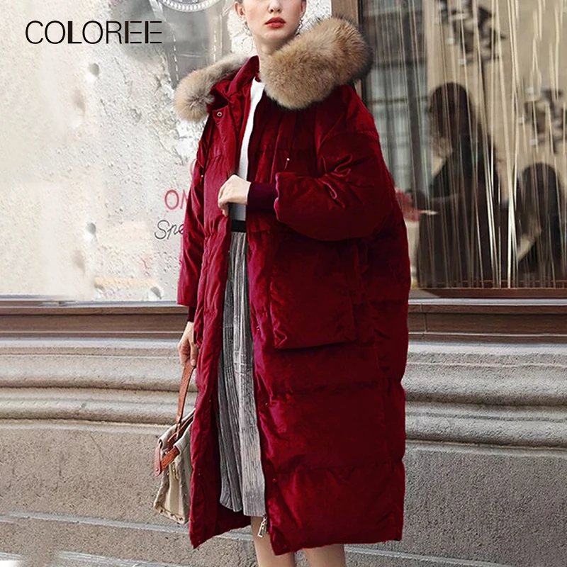 COLOREE, женская теплая куртка, зимняя, в винтажном стиле, с мехом, с капюшоном, верхняя одежда, белый утиный пух, Женская куртка, утолщенное пальто, высокое качество