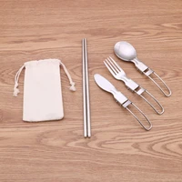 1set foldable camping spoon stainless steel fork chopsticks flatware utensil set with salad spoonchopsticsbag