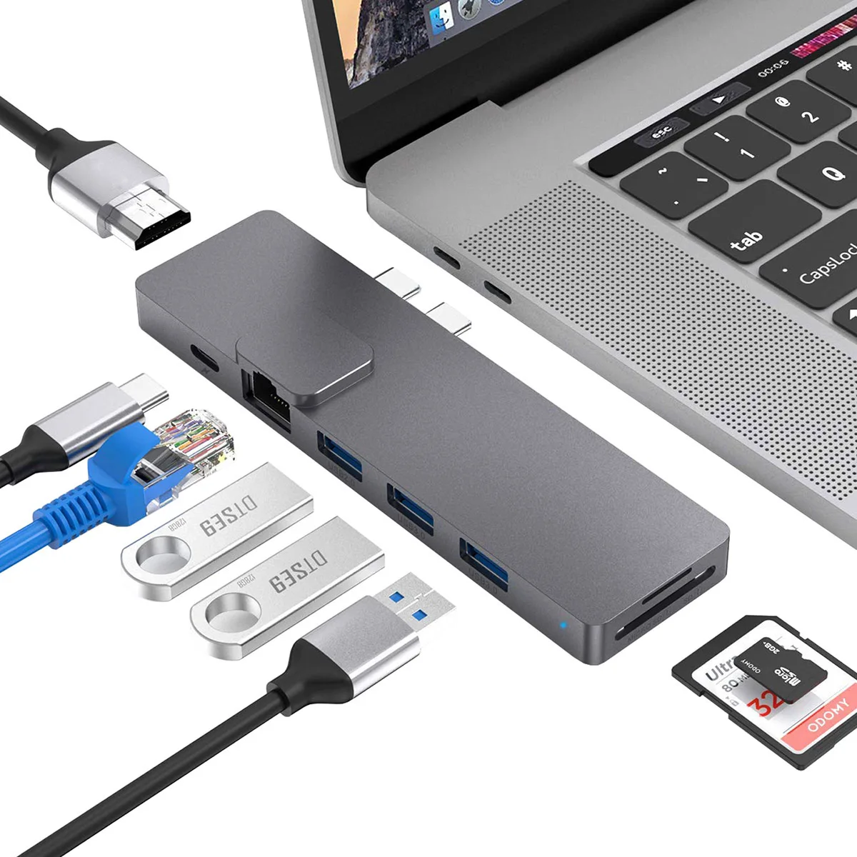 

8 in 1 Type C Hub Adapter with Thunderbolt 3 4K HD 3 USB 3.0 Ports SD TF Card Reader HD USB-C HUB For MacBook Pro 2019 2018