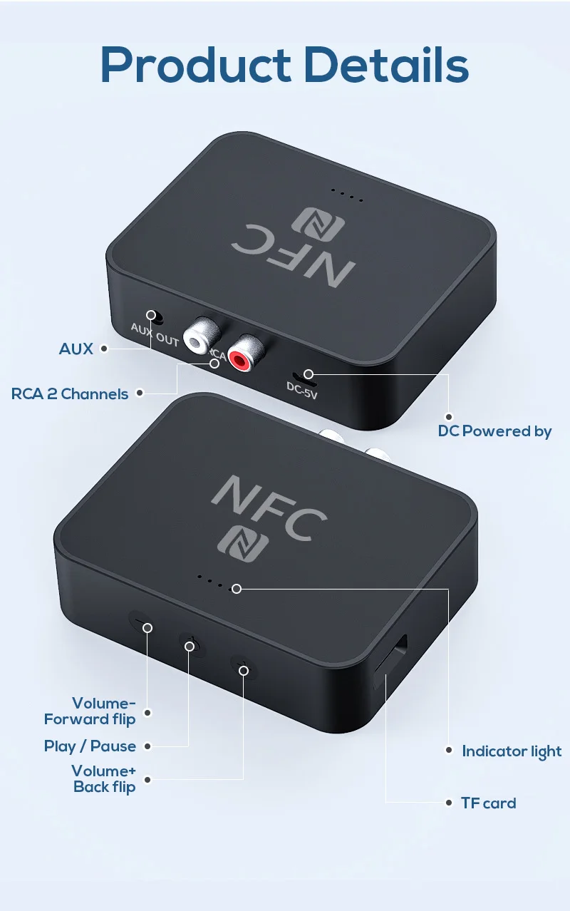Беспроводной Bluetooth 5 0 приемник NFC RCA 3 мм AUX разъем музыкальный Hi Fi аудио адаптер